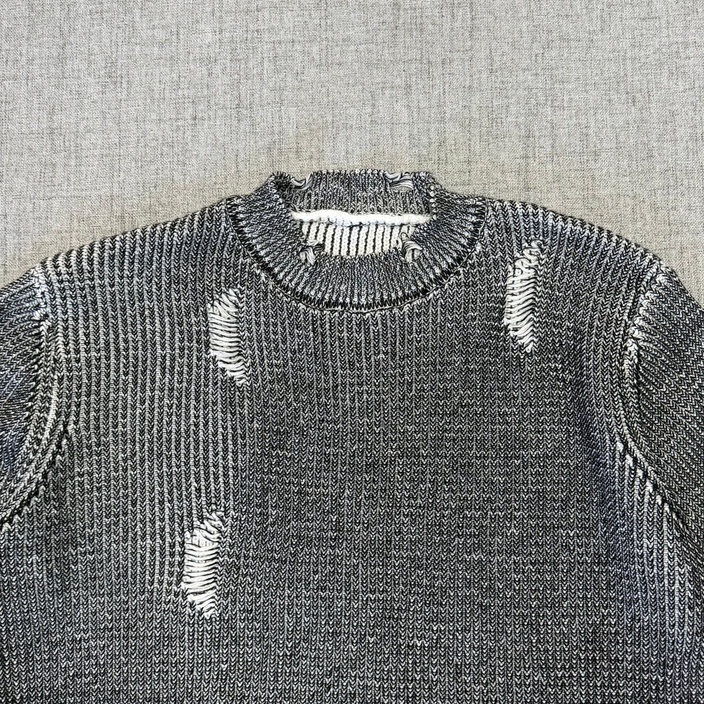 Distressed Marled Knit Sweater – Black & White Streetwear Pullover