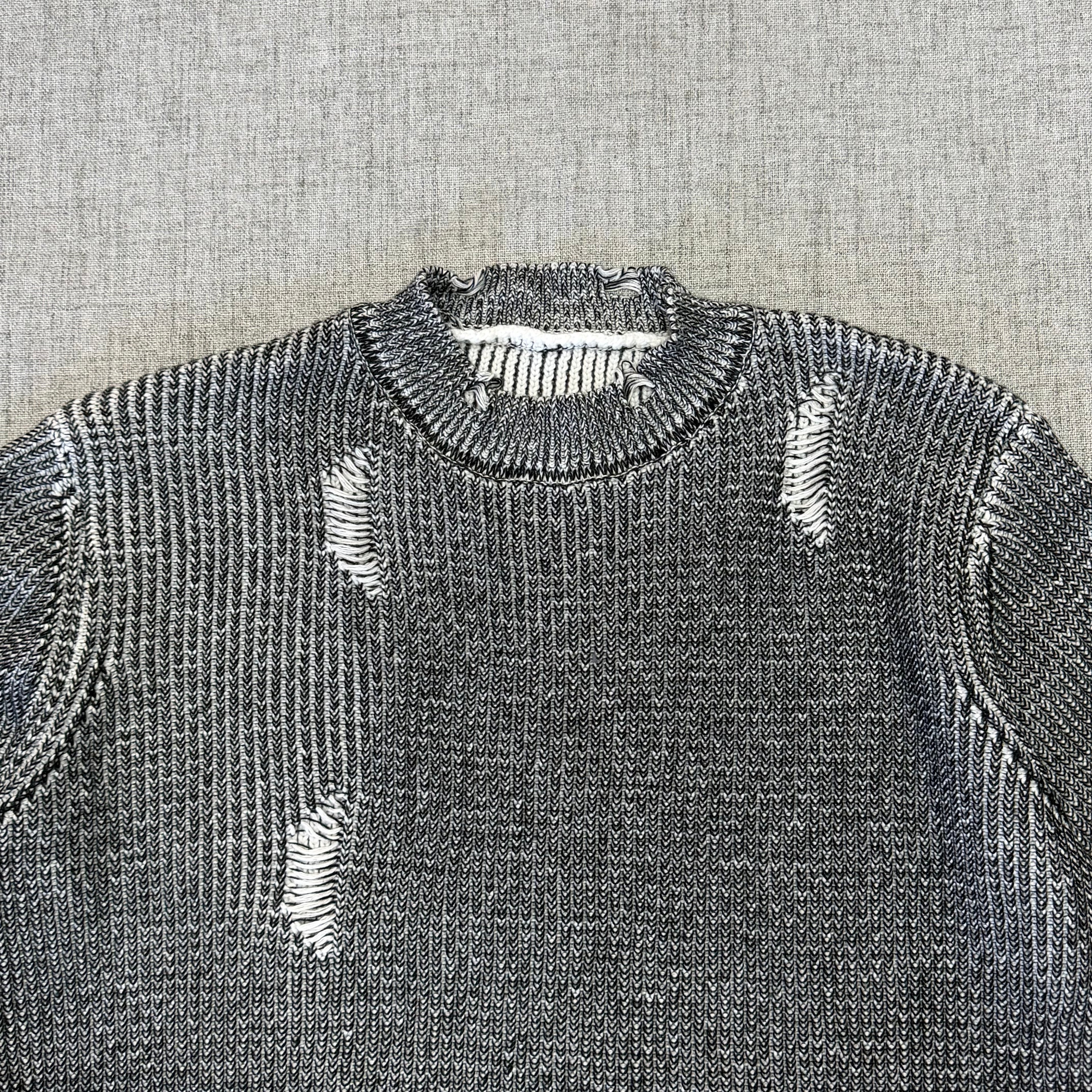 Distressed Marled Knit Sweater – Black & White Streetwear Pullover