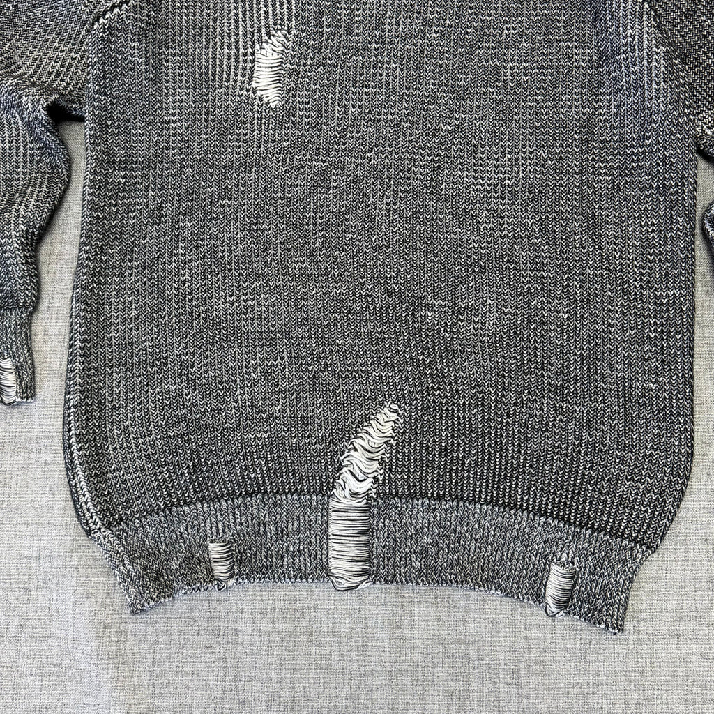 Distressed Marled Knit Sweater – Black & White Streetwear Pullover