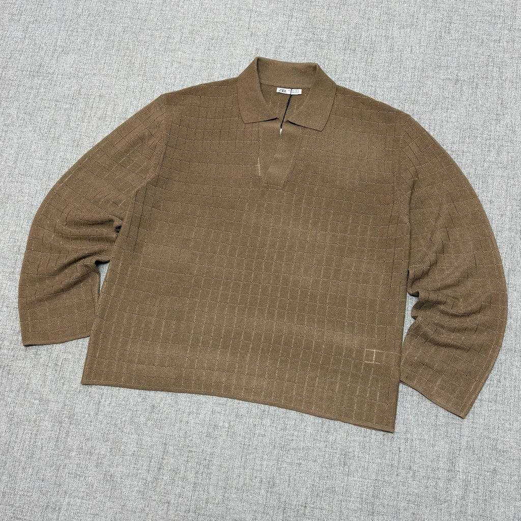 Brown Textured Knit Polo – Long Sleeve Minimal Luxury