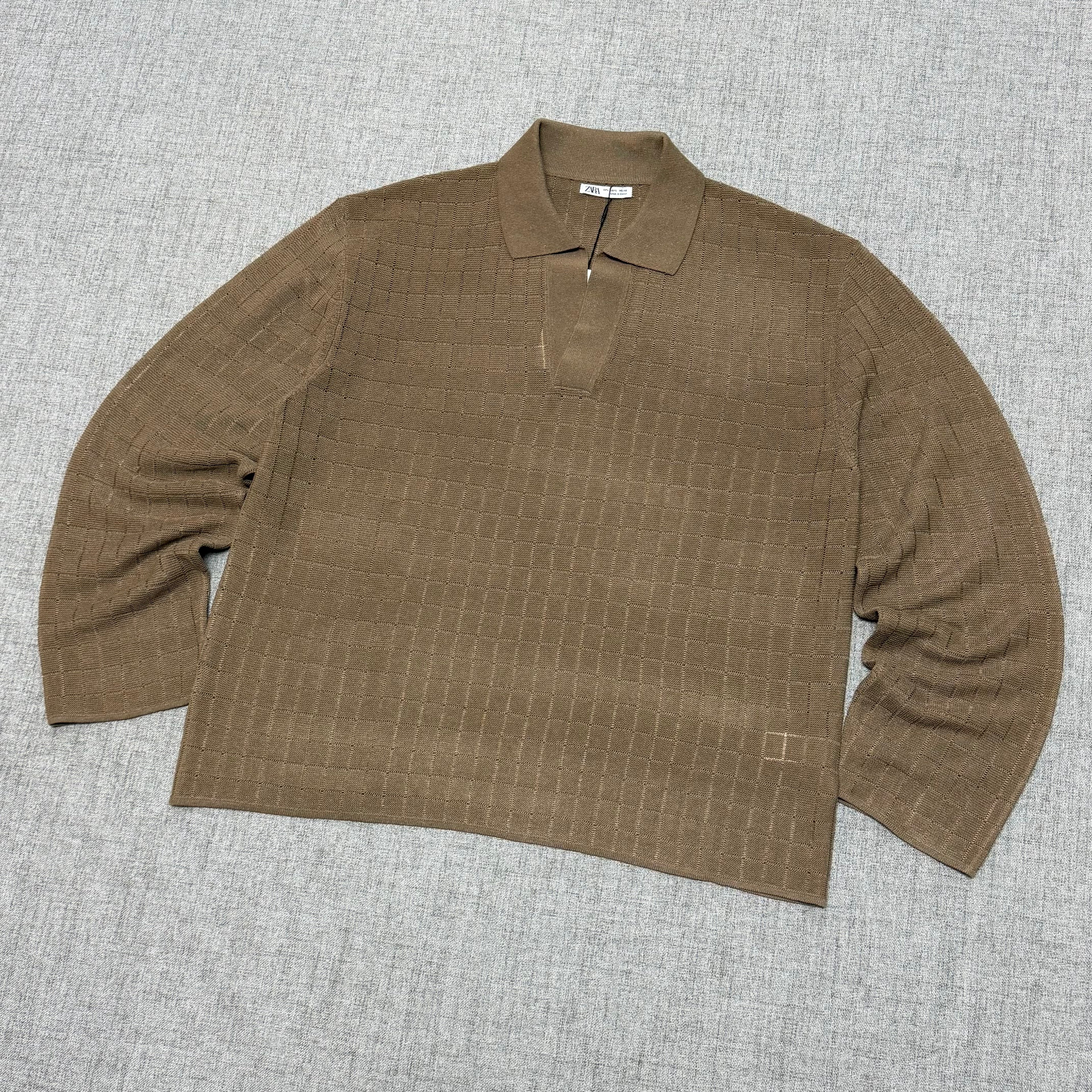 Brown Textured Knit Polo – Long Sleeve Minimal Luxury