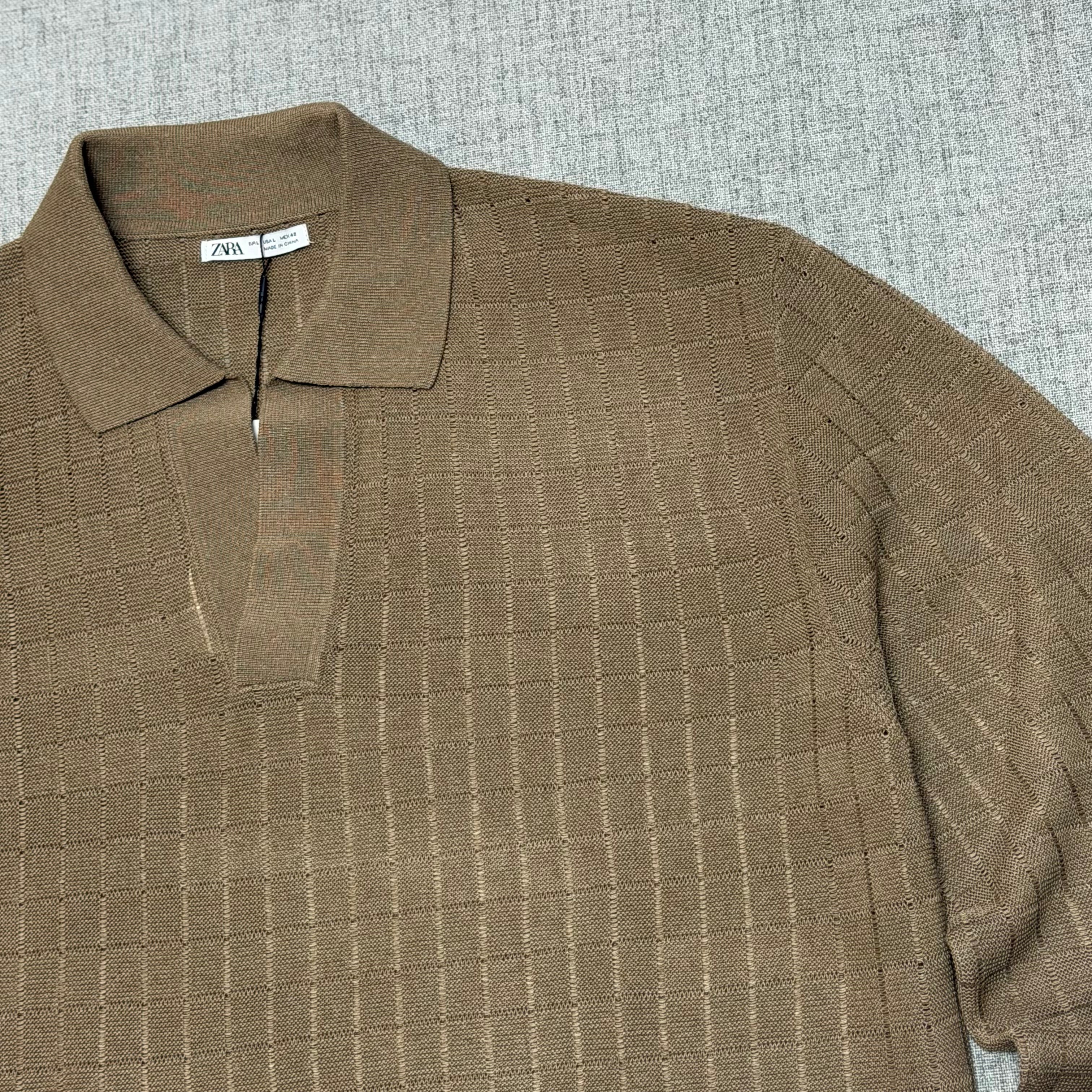 Brown Textured Knit Polo – Long Sleeve Minimal Luxury