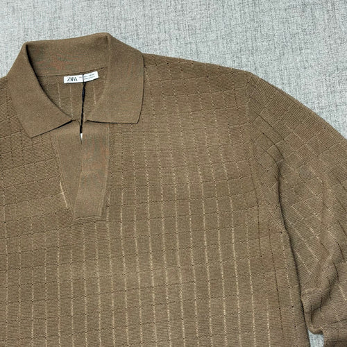 Brown Textured Knit Polo – Long Sleeve Minimal Luxury