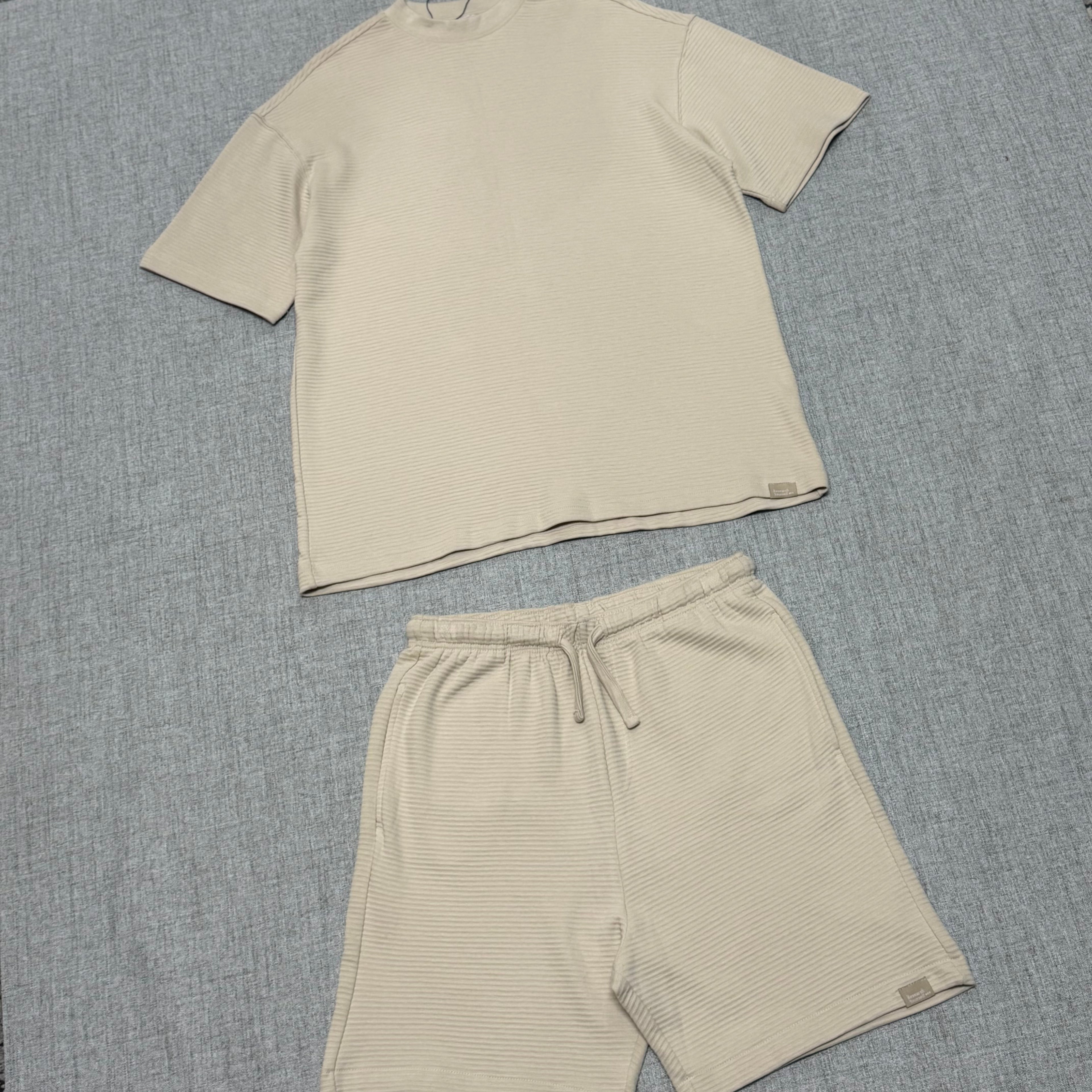 Beige Ribbed Co-Ord Set – Relaxed Fit T-Shirt & Shorts