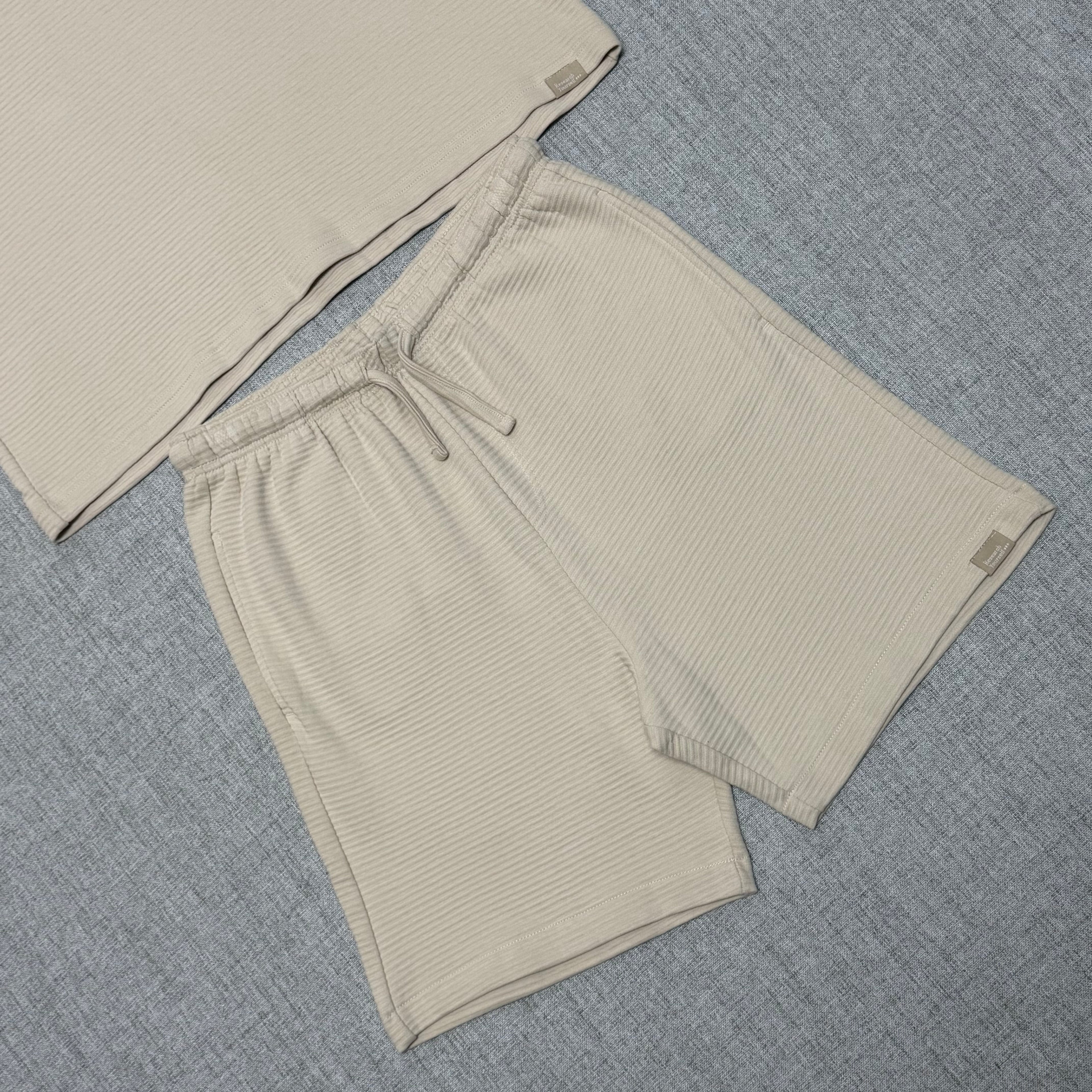Beige Ribbed Co-Ord Set – Relaxed Fit T-Shirt & Shorts