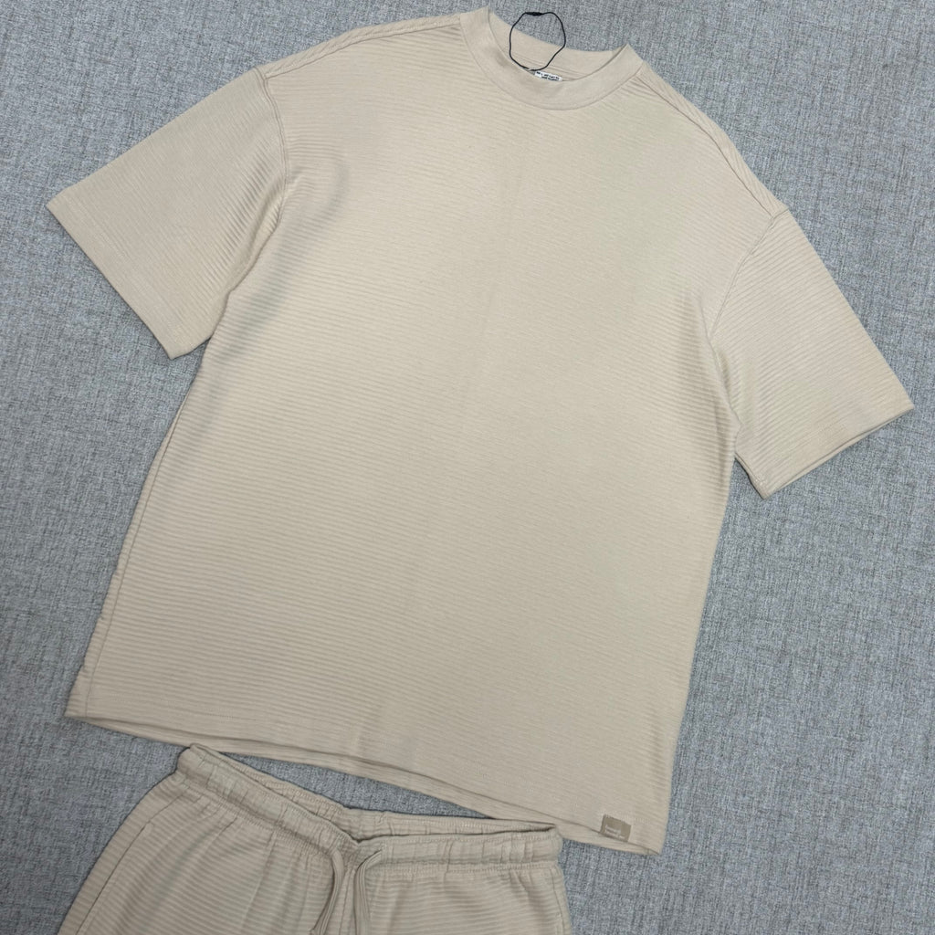 Beige Ribbed Co-Ord Set – Relaxed Fit T-Shirt & Shorts