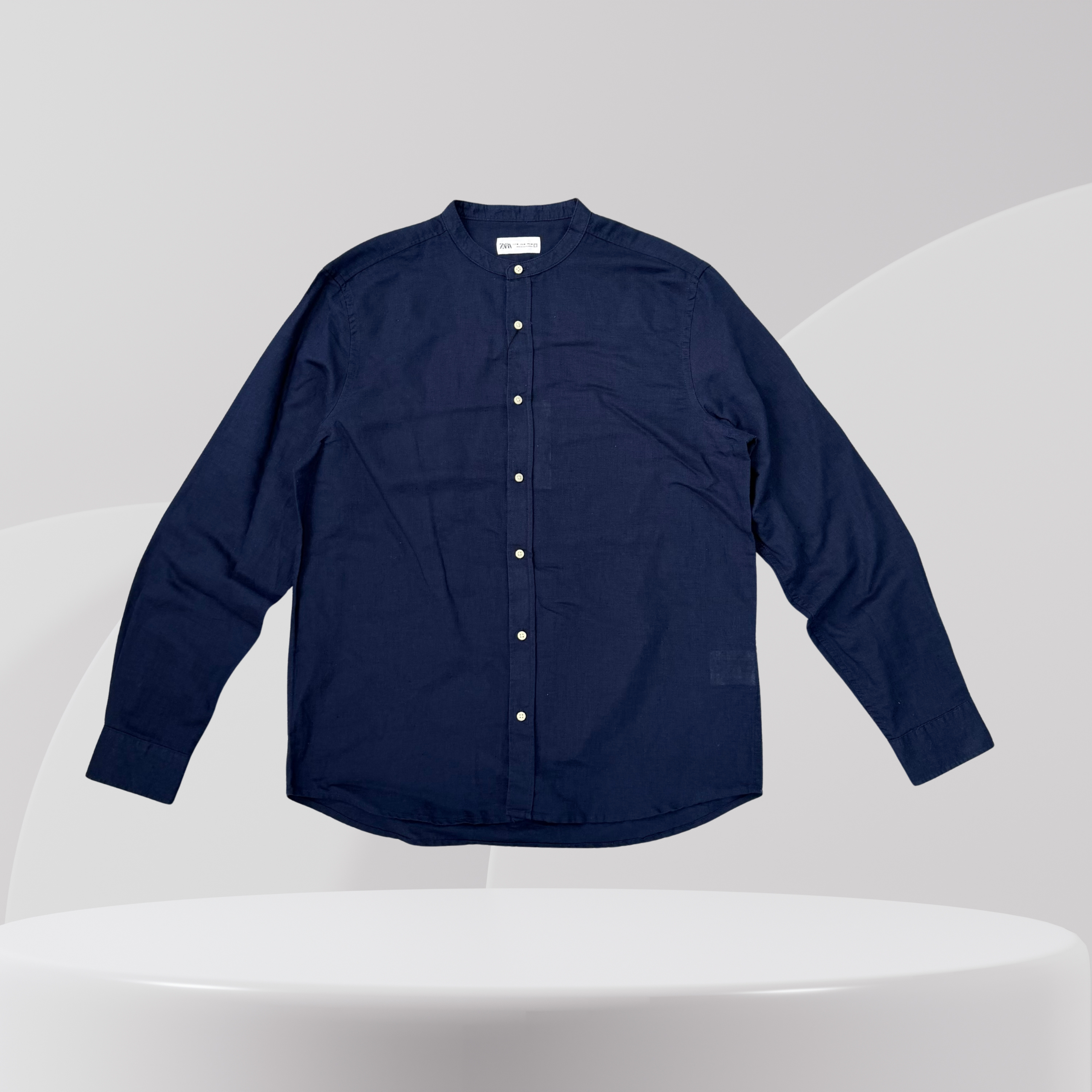 Navy Grandad Collar Long Sleeve Shirt