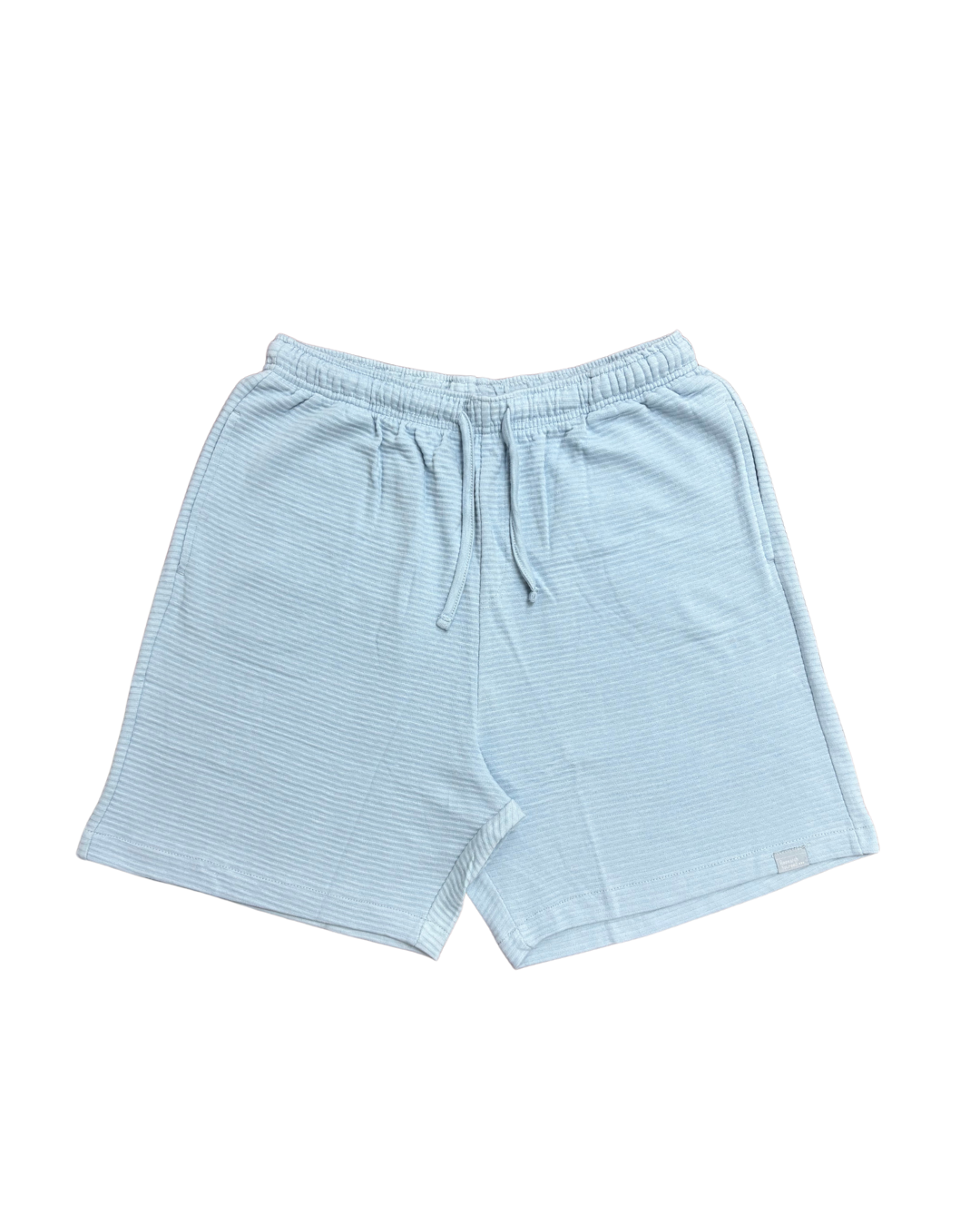 Light blue shorts with a drawstring on a white background