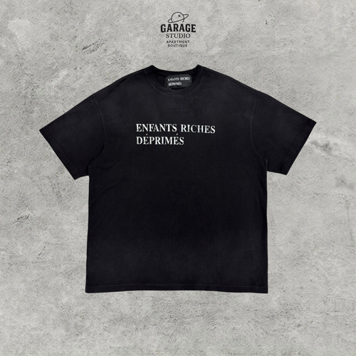 Black short-sleeve crew-neck T-shirt with white ENFANTS RICHES DÉPRIMÉS chest lettering