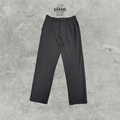 Charcoal straight-leg trousers with belt loops and a button-fastened waistband, front view
