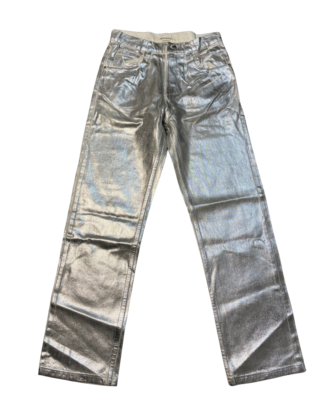 Silver metallic pants on a white background