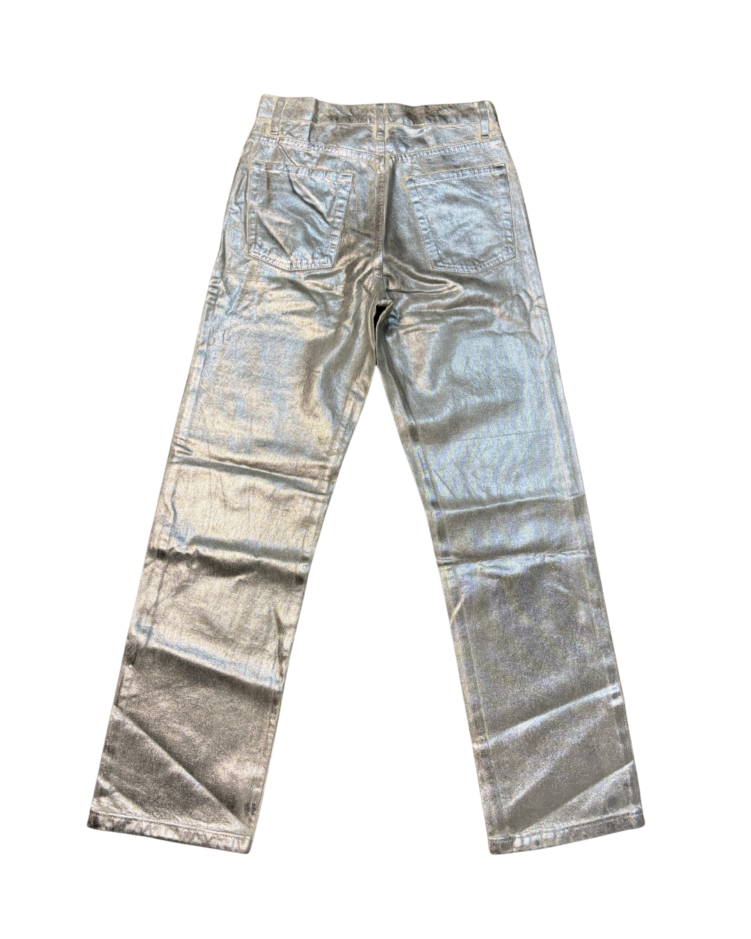 Silver metallic pants on a white background