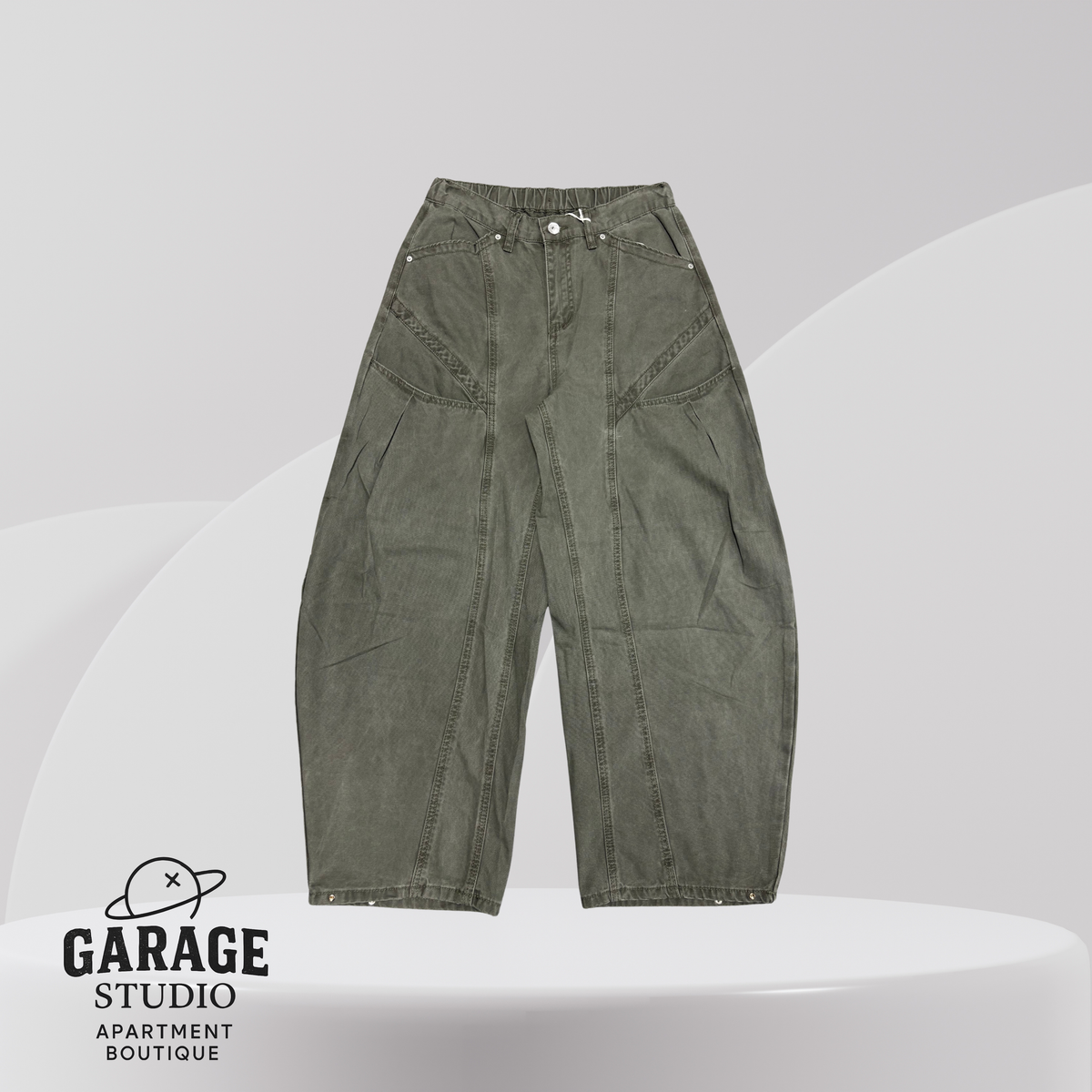 Utility Cargo Wide Leg Pants Washed Olive Relaxed Fit Cotton Workwear Casual