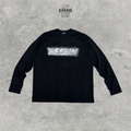 Front of black WE11DONE long-sleeve crew-neck T-shirt with a light-coloured chest logo graphic.